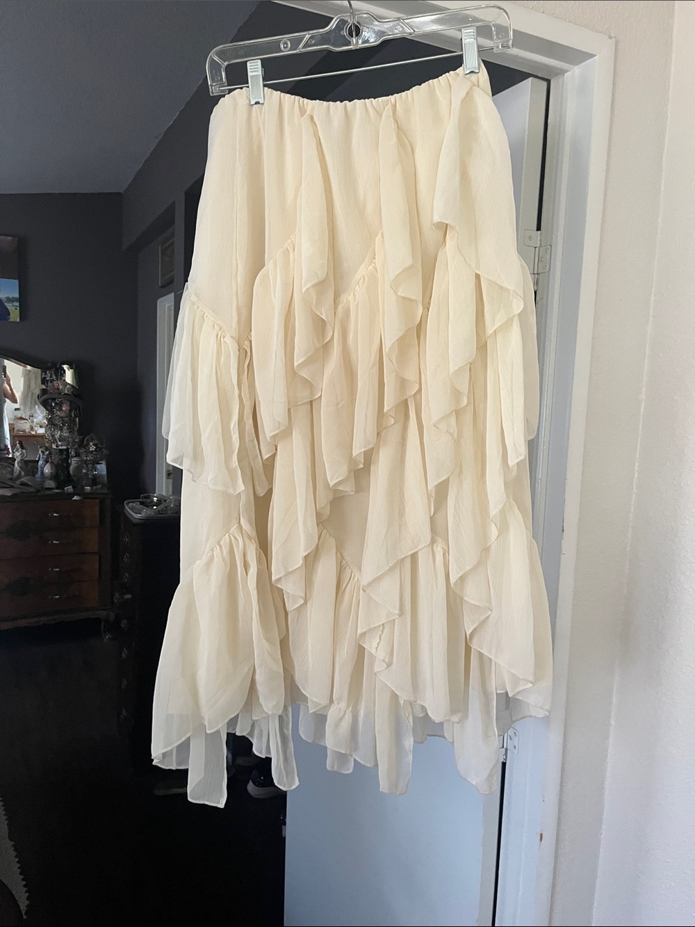Elegant Cream Layered Ruffle Midi Skirt - Women’s Flowy Skirt